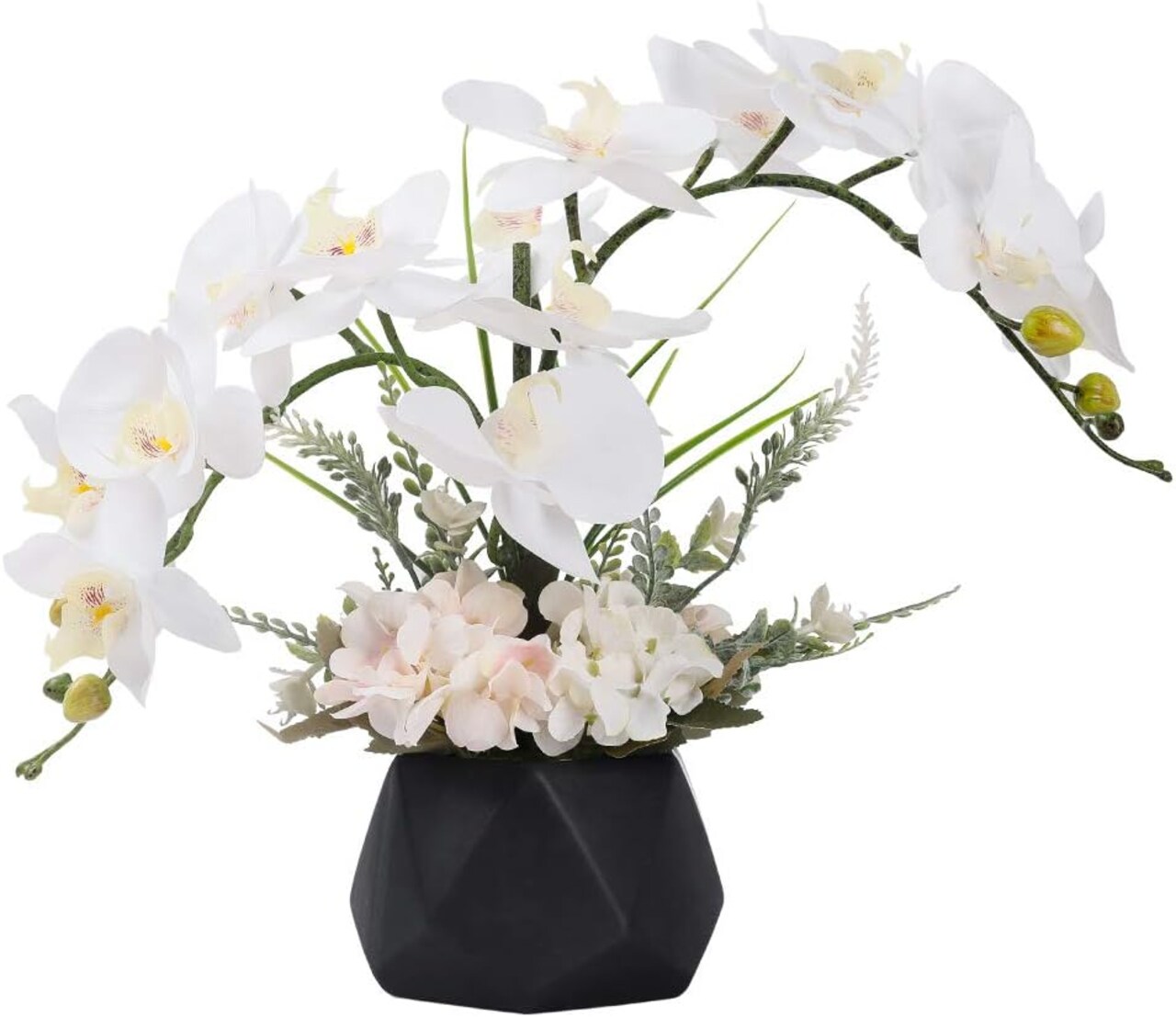 Faux Phalaenopsis Orchid in Black Vase – Artificial Flowers Decor